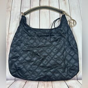 Parisian Chic Bebe Black Quilted Hobo Bag with Gold Chain Strap.